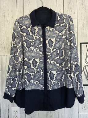 Alfred Sung Navy Paisley Button-Up Blouse – Estimated L/XL Office Work Business